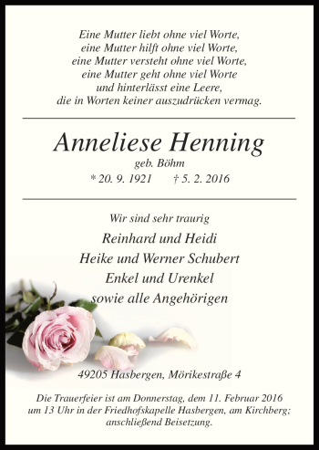Traueranzeige von Anneliese Henning von Neue Osnabrücker Zeitung GmbH & Co. KG