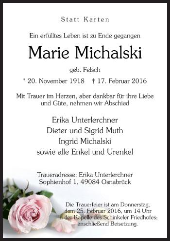 Traueranzeige von Marie Michalski von Neue Osnabrücker Zeitung GmbH & Co. KG