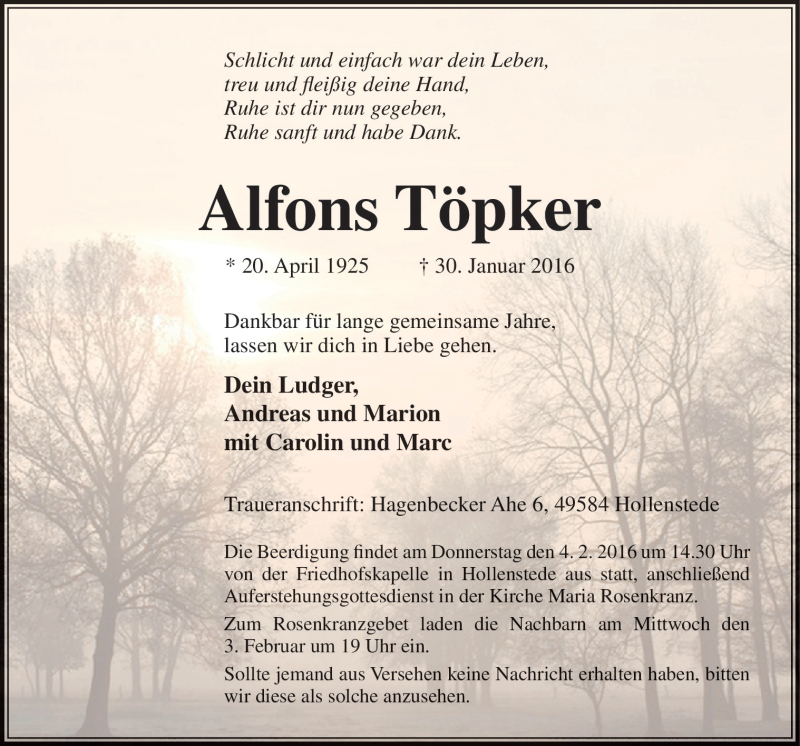  Traueranzeige für Alfons Töpker vom 02.02.2016 aus Neue Osnabrücker Zeitung GmbH & Co. KG