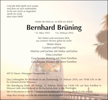 Traueranzeige von Bernd Brüning von Neue Osnabrücker Zeitung GmbH & Co. KG