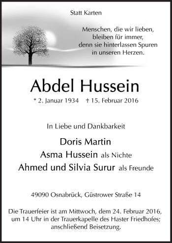 Traueranzeige von Abdel Hussein von Neue Osnabrücker Zeitung GmbH & Co. KG