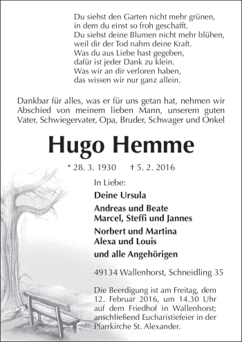 Traueranzeige von Hugo Hemme von Neue Osnabrücker Zeitung GmbH & Co. KG