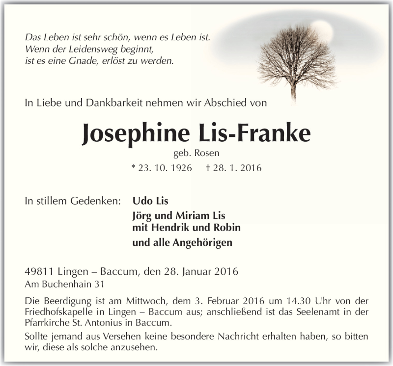  Traueranzeige für Josephine Lis-Franke vom 01.02.2016 aus Neue Osnabrücker Zeitung GmbH & Co. KG