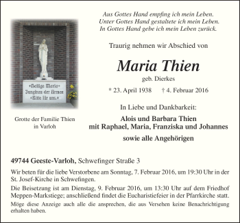 Traueranzeige von Maria Thien von Neue Osnabrücker Zeitung GmbH & Co. KG