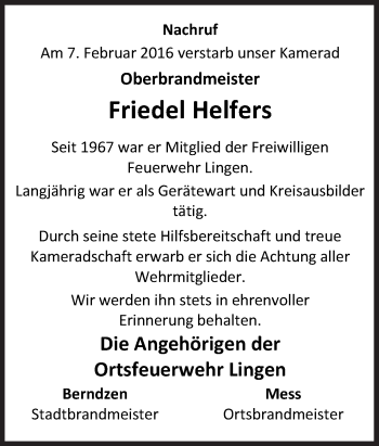 Traueranzeige von Friedel Helfers von Neue Osnabrücker Zeitung GmbH & Co. KG