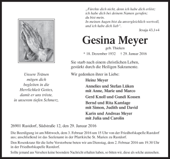 Traueranzeige von Gesina Meyer von Neue Osnabrücker Zeitung GmbH & Co. KG