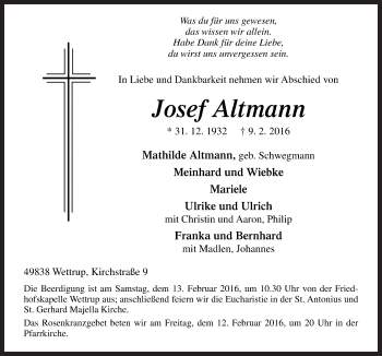 Traueranzeige von Josef Altmann von Neue Osnabrücker Zeitung GmbH & Co. KG