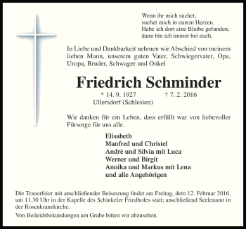Traueranzeige von Friedrich Schminder von Neue Osnabrücker Zeitung GmbH & Co. KG