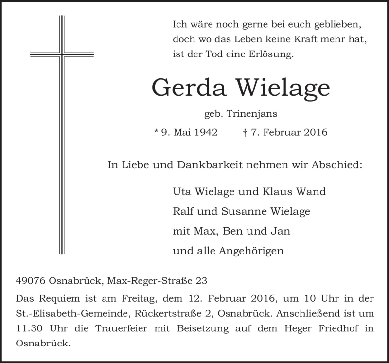  Traueranzeige für Gerda Wielage vom 09.02.2016 aus Neue Osnabrücker Zeitung GmbH & Co. KG