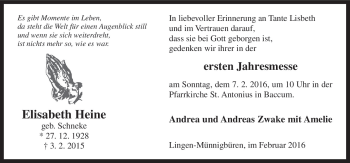 Traueranzeige von Elisabeth Heine von Neue Osnabrücker Zeitung GmbH & Co. KG