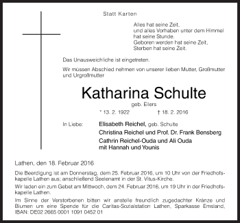 Traueranzeige von Katharina Schulte von Neue Osnabrücker Zeitung GmbH & Co. KG