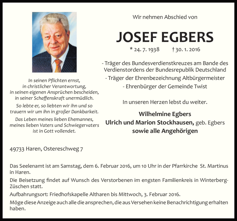  Traueranzeige für Josef Egbers vom 02.02.2016 aus Neue Osnabrücker Zeitung GmbH & Co. KG