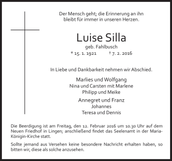 Traueranzeige von Luise Silla von Neue Osnabrücker Zeitung GmbH & Co. KG