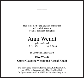 Traueranzeige von Anni Wendt von Neue Osnabrücker Zeitung GmbH & Co. KG