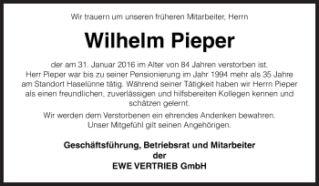 Traueranzeige von Wilhelm Pieper von Neue Osnabrücker Zeitung GmbH & Co. KG
