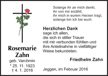 Traueranzeige von Rosemarie Zahn von Neue Osnabrücker Zeitung GmbH & Co. KG