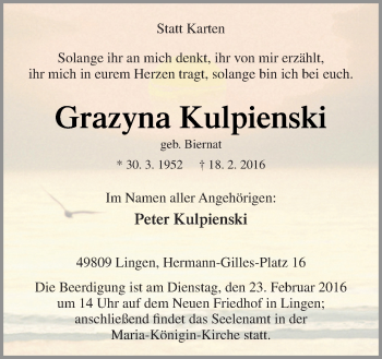 Traueranzeige von Grazyna Kulpienski von Neue Osnabrücker Zeitung GmbH & Co. KG