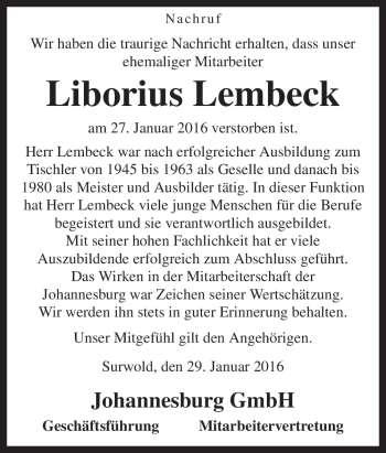 Traueranzeige von Liborius Lembeck von Neue Osnabrücker Zeitung GmbH & Co. KG