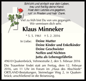 Traueranzeige von Klaus Minneker von Neue Osnabrücker Zeitung GmbH & Co. KG