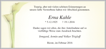 Traueranzeige von Erna Kahle von Neue Osnabrücker Zeitung GmbH & Co. KG