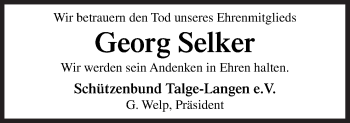 Traueranzeige von Georg Selker von Neue Osnabrücker Zeitung GmbH & Co. KG