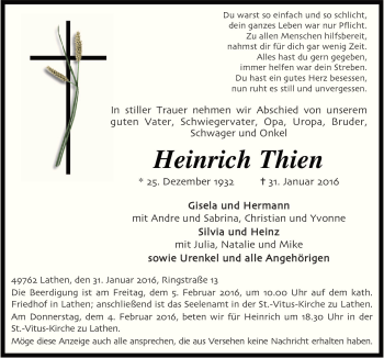 Traueranzeige von Heinrich Thien von Neue Osnabrücker Zeitung GmbH & Co. KG