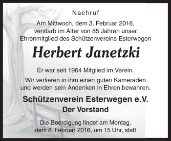 Traueranzeige von Herbert Janetzki von Neue Osnabrücker Zeitung GmbH & Co. KG