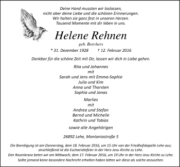 Traueranzeige von Helene Rehnen von Neue Osnabrücker Zeitung GmbH & Co. KG