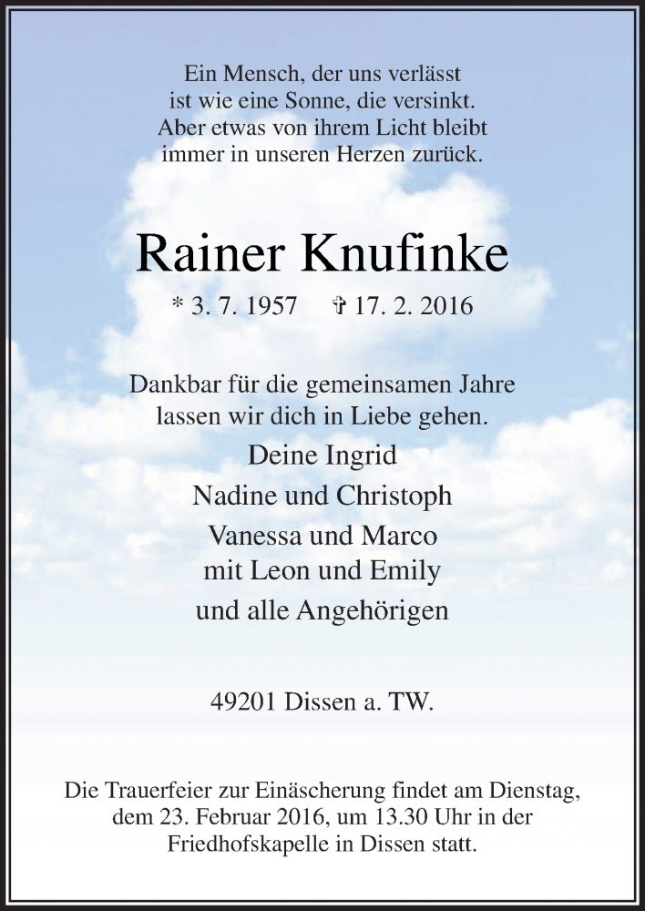  Traueranzeige für Rainer Knufinke vom 20.02.2016 aus Neue Osnabrücker Zeitung GmbH & Co. KG