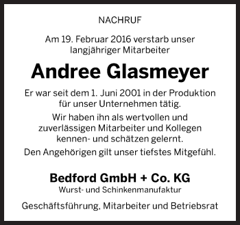 Traueranzeige von Andree Glasmeyer von Neue Osnabrücker Zeitung GmbH & Co. KG