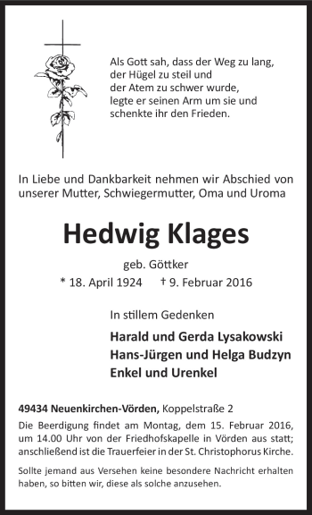Traueranzeige von Hedwig Klages von Neue Osnabrücker Zeitung GmbH & Co. KG