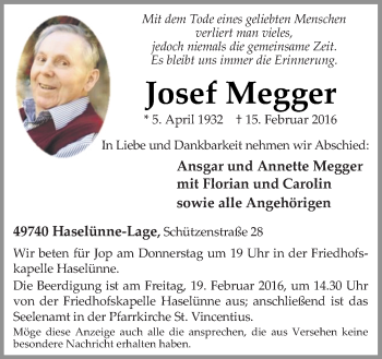 Traueranzeige von Josef Megger von Neue Osnabrücker Zeitung GmbH & Co. KG