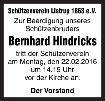 Traueranzeige von Bernhard Hindricks von Neue Osnabrücker Zeitung GmbH & Co. KG