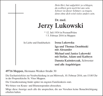 Traueranzeige von Jerzy Lukowski von Neue Osnabrücker Zeitung GmbH & Co. KG