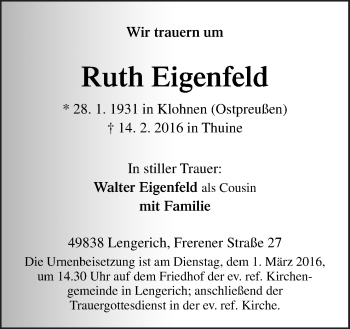 Traueranzeige von Ruth Eigenfeld von Neue Osnabrücker Zeitung GmbH & Co. KG