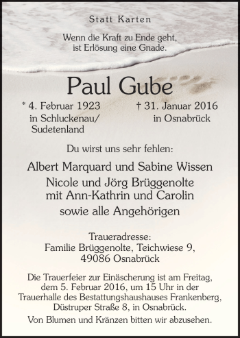 Traueranzeige von Paul Gube von Neue Osnabrücker Zeitung GmbH & Co. KG