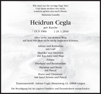 Traueranzeige von Heidrun Cegla von Neue Osnabrücker Zeitung GmbH & Co. KG