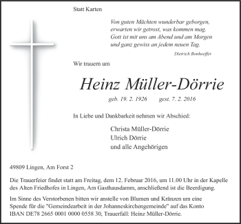 Traueranzeige von Heinz Müller-Dörrie von Neue Osnabrücker Zeitung GmbH & Co. KG