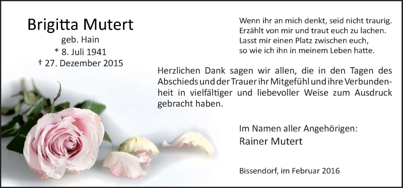  Traueranzeige für Brigitta Mutert vom 20.02.2016 aus Neue Osnabrücker Zeitung GmbH & Co. KG