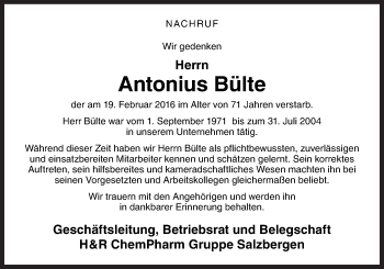 Traueranzeige von Antonius Bülte von Neue Osnabrücker Zeitung GmbH & Co. KG