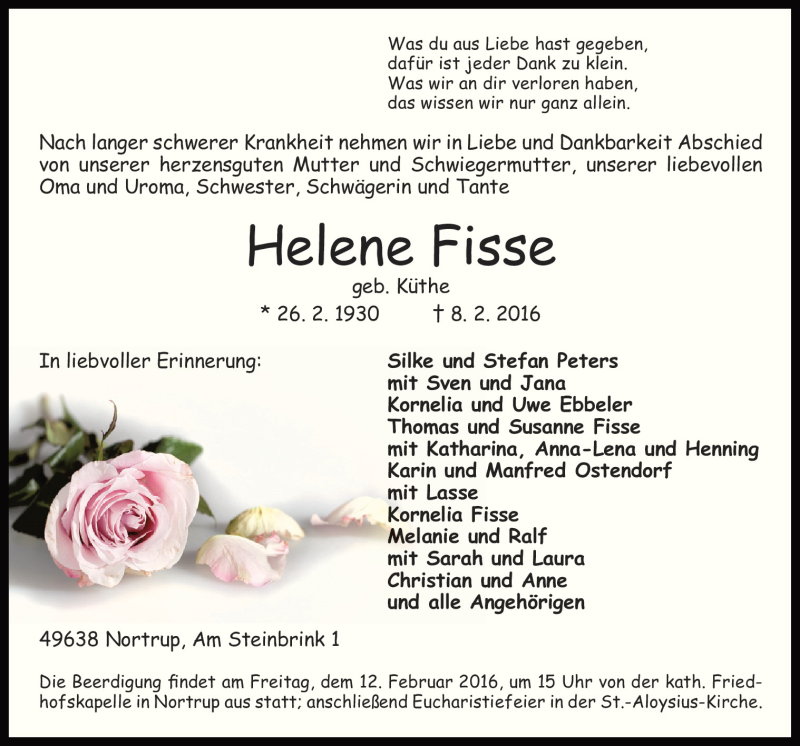  Traueranzeige für Helene Fisse vom 10.02.2016 aus Neue Osnabrücker Zeitung GmbH & Co. KG