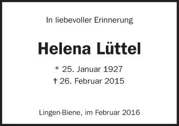 Traueranzeige von Helena Lüttel von Neue Osnabrücker Zeitung GmbH & Co. KG