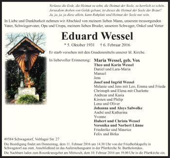 Traueranzeige von Eduard Wessel von Neue Osnabrücker Zeitung GmbH & Co. KG