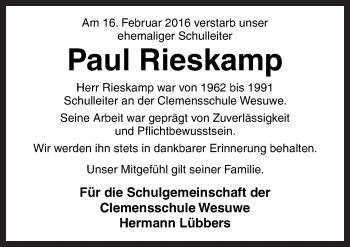 Traueranzeige von Paul Rieskamp von Neue Osnabrücker Zeitung GmbH & Co. KG