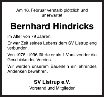 Traueranzeige von Bernhard Hindricks von Neue Osnabrücker Zeitung GmbH & Co. KG