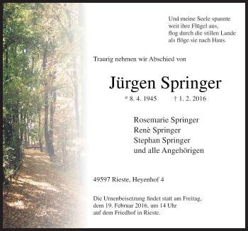 Traueranzeige von Jürgen Springer von Neue Osnabrücker Zeitung GmbH & Co. KG