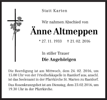 Traueranzeige von Änne Altmeppen von Neue Osnabrücker Zeitung GmbH & Co. KG