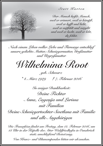 Traueranzeige von Wilhelmina Root von Neue Osnabrücker Zeitung GmbH & Co. KG