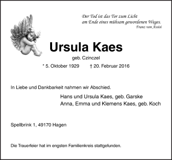 Traueranzeige von Ursula Kaes von Neue Osnabrücker Zeitung GmbH & Co. KG