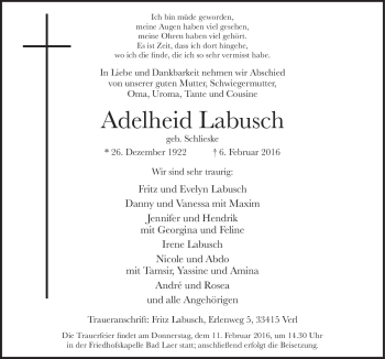 Traueranzeige von Adelheid Labusch von Neue Osnabrücker Zeitung GmbH & Co. KG